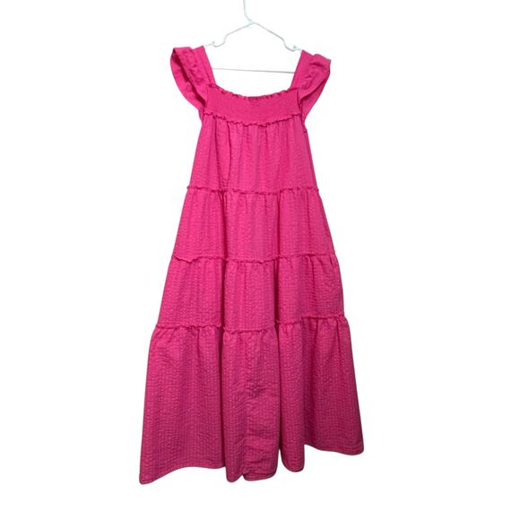 Old Navy XL Pink Tiered Midi Dress Boho Button Front Ruffle Straps Smoked - Picture 3 of 6